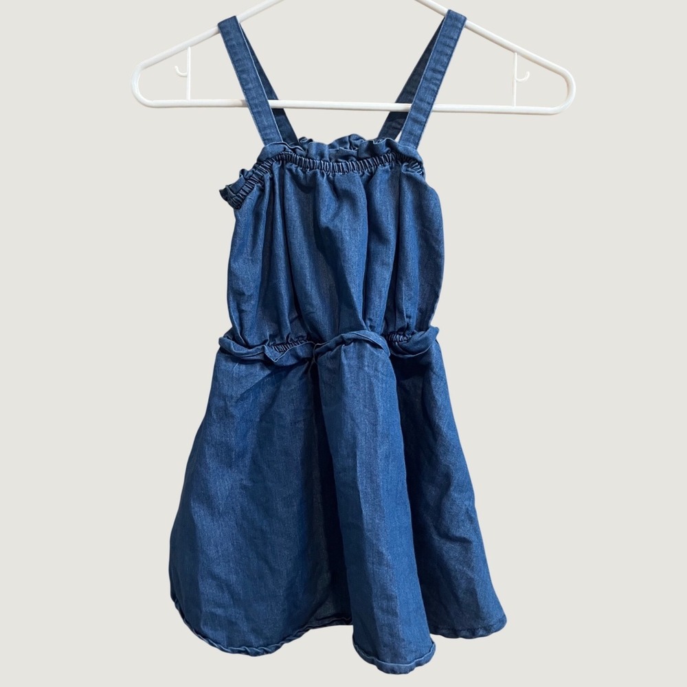 BCBG Girls Denim Dress Kids Size 6 Blue Ruffle Neck Elastic Waist Sleeveless